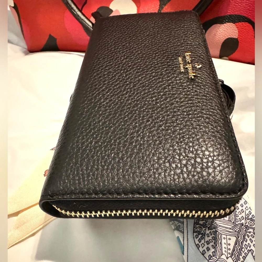 Kate Spade Black Pebbled Leather zip around long wallet Like New